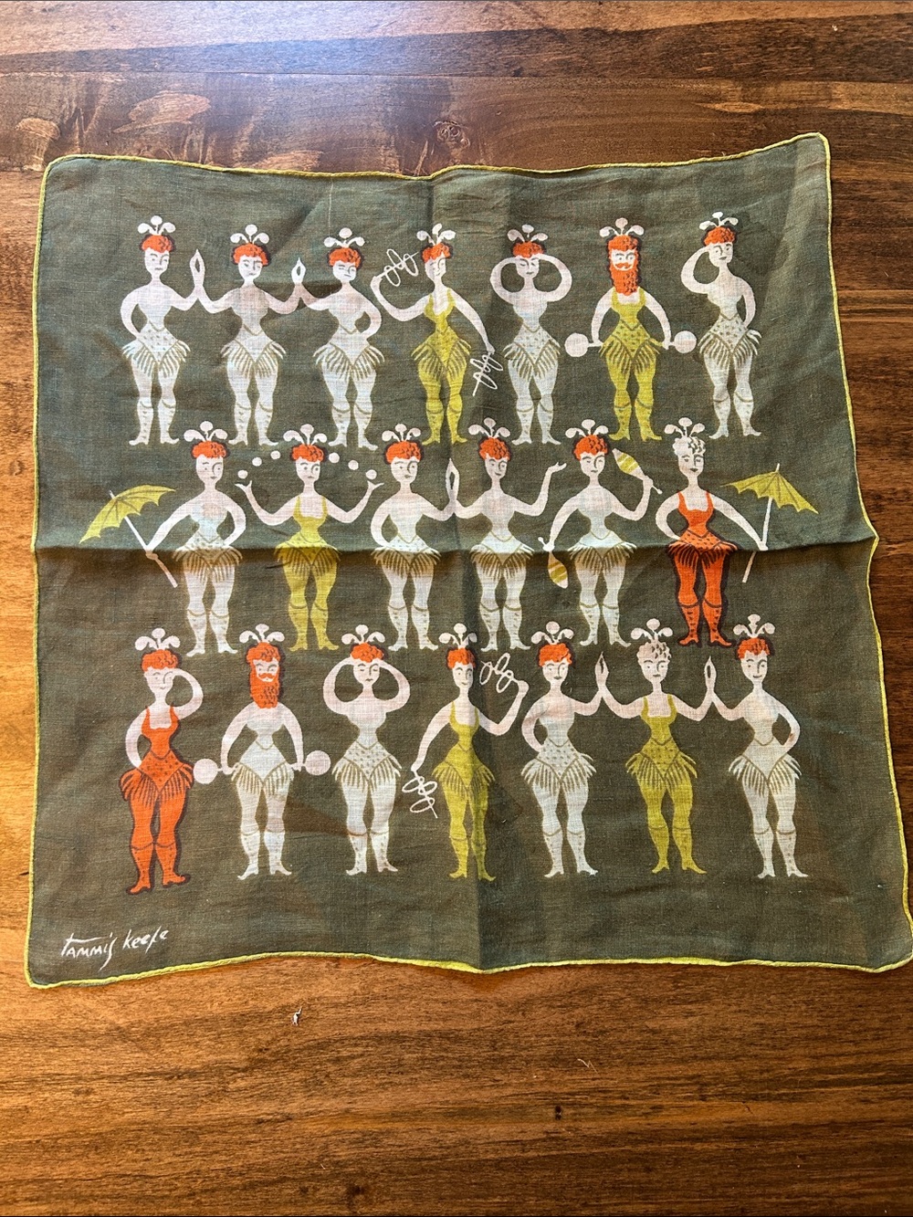 1960’s Tammis Keefe 14” Cotton Linen Pocket Square - Bearded Lady side Show